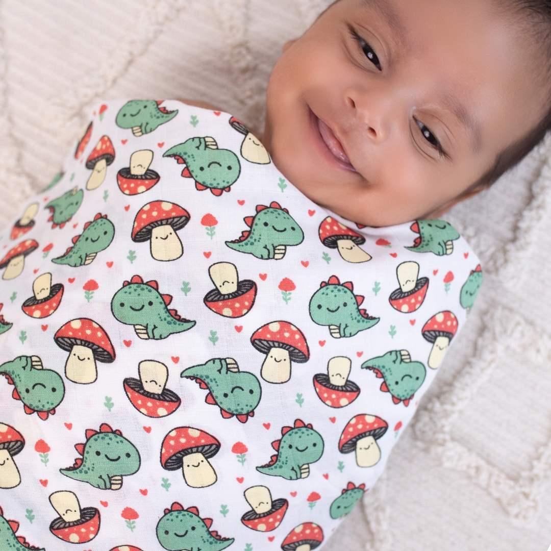 Organic Muslin Swaddle with Cap  - Dino Shroom