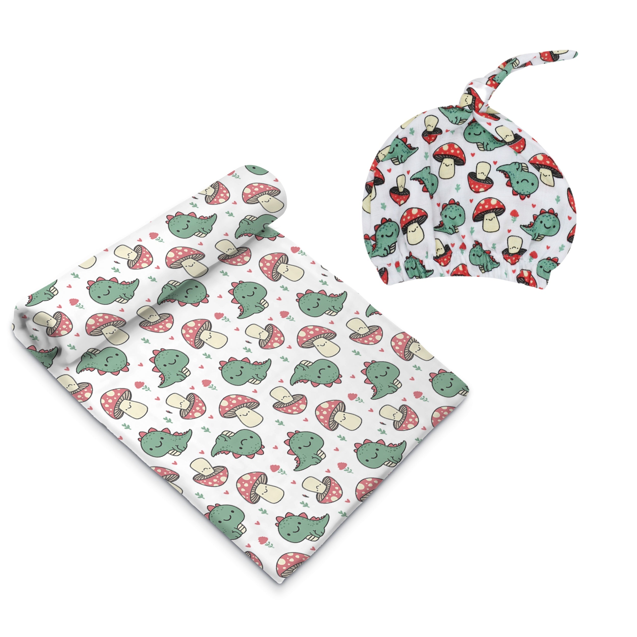 Organic Muslin Swaddle with Cap  - Dino Shroom