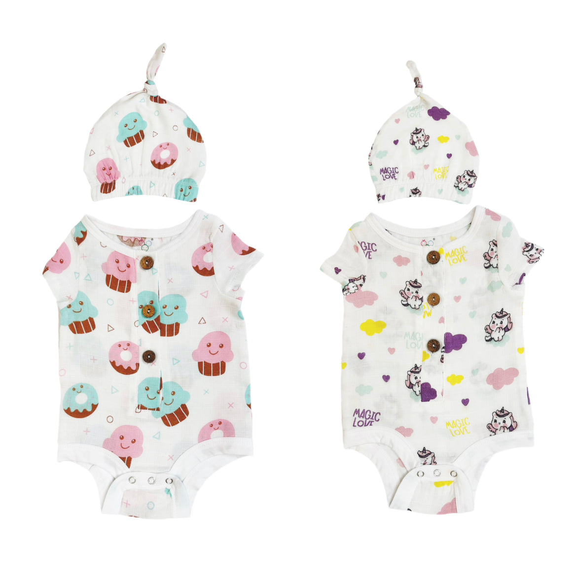 Muslin Bodysuit & Cap - 4 Pack