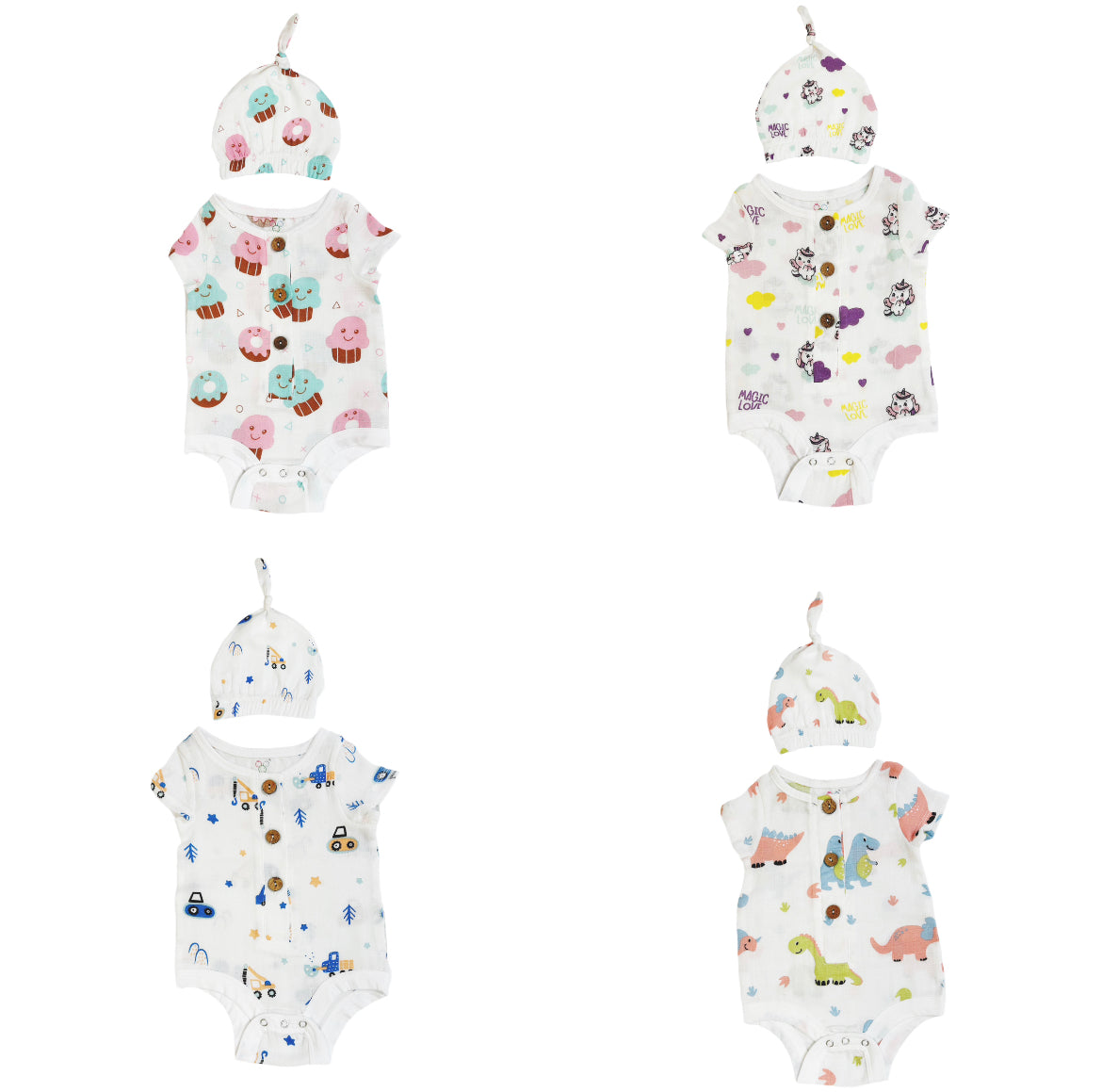 Muslin Bodysuit & Cap - 4 Pack