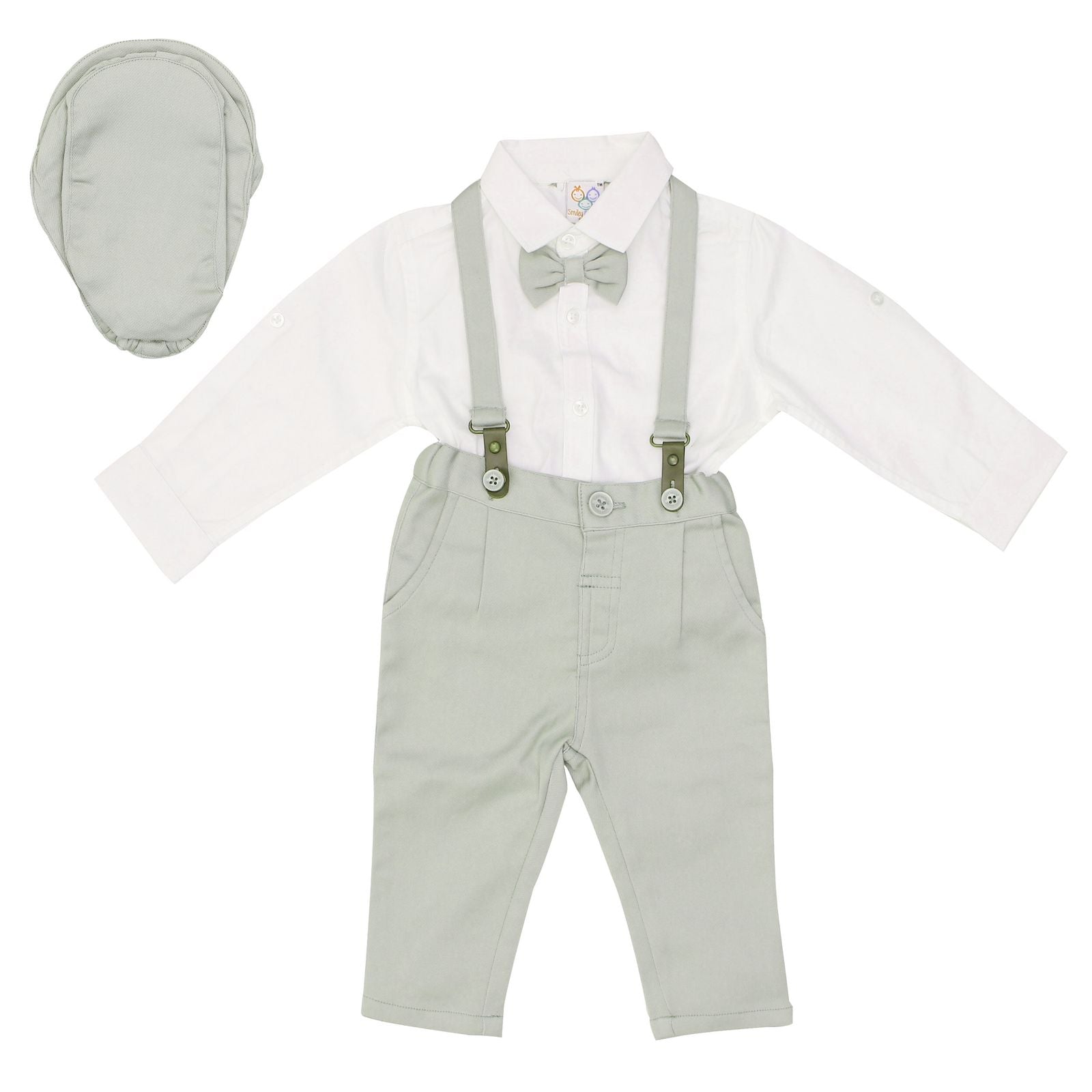 Suspender Pant Set with Cap - Grey | Buy Suspender Dress with Cap for Infant Baby Boy | Smiley Buttons