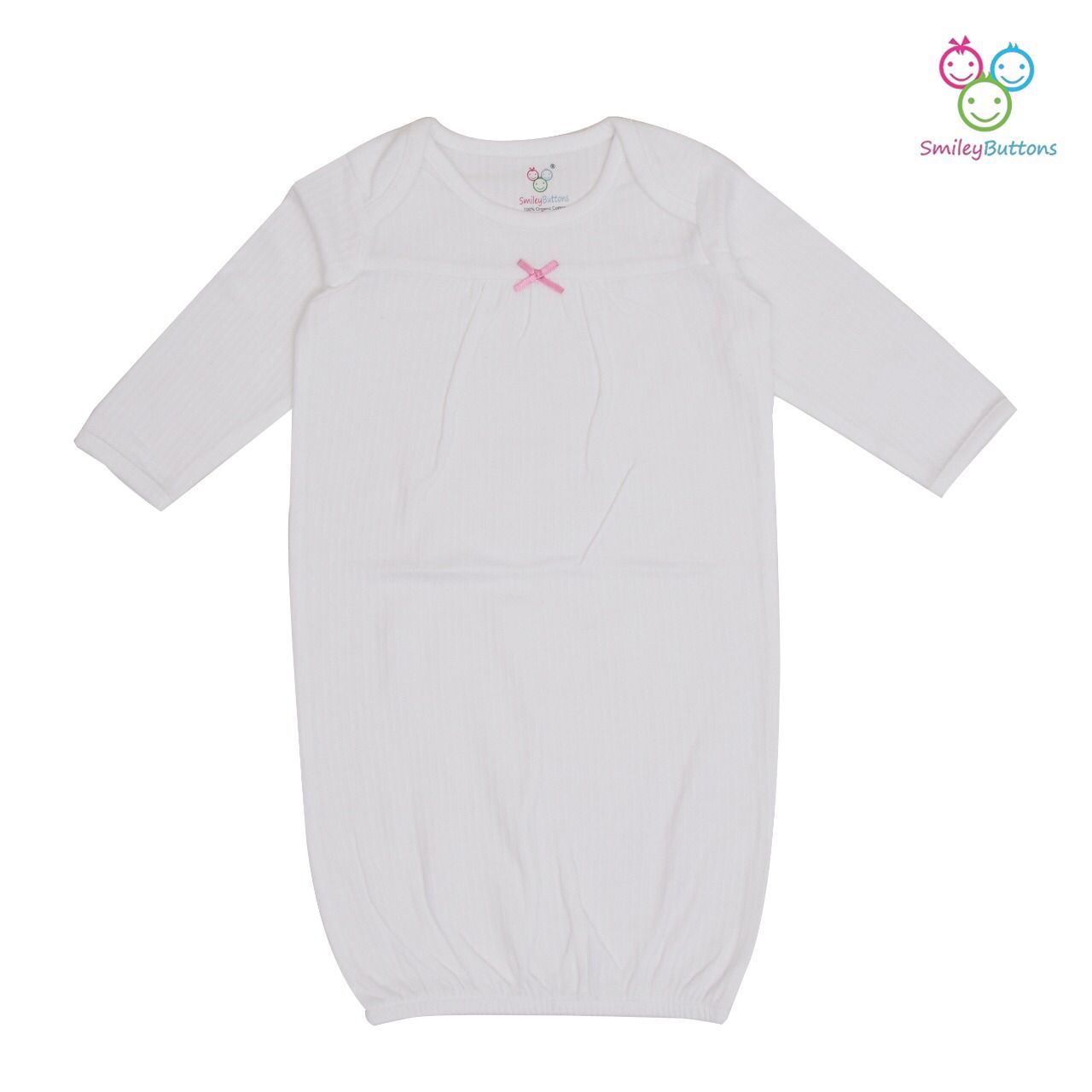 Sleeping Gown- White | Cotton Sleeping Gown For Infant Baby Boy & Girl | Smiley Buttons