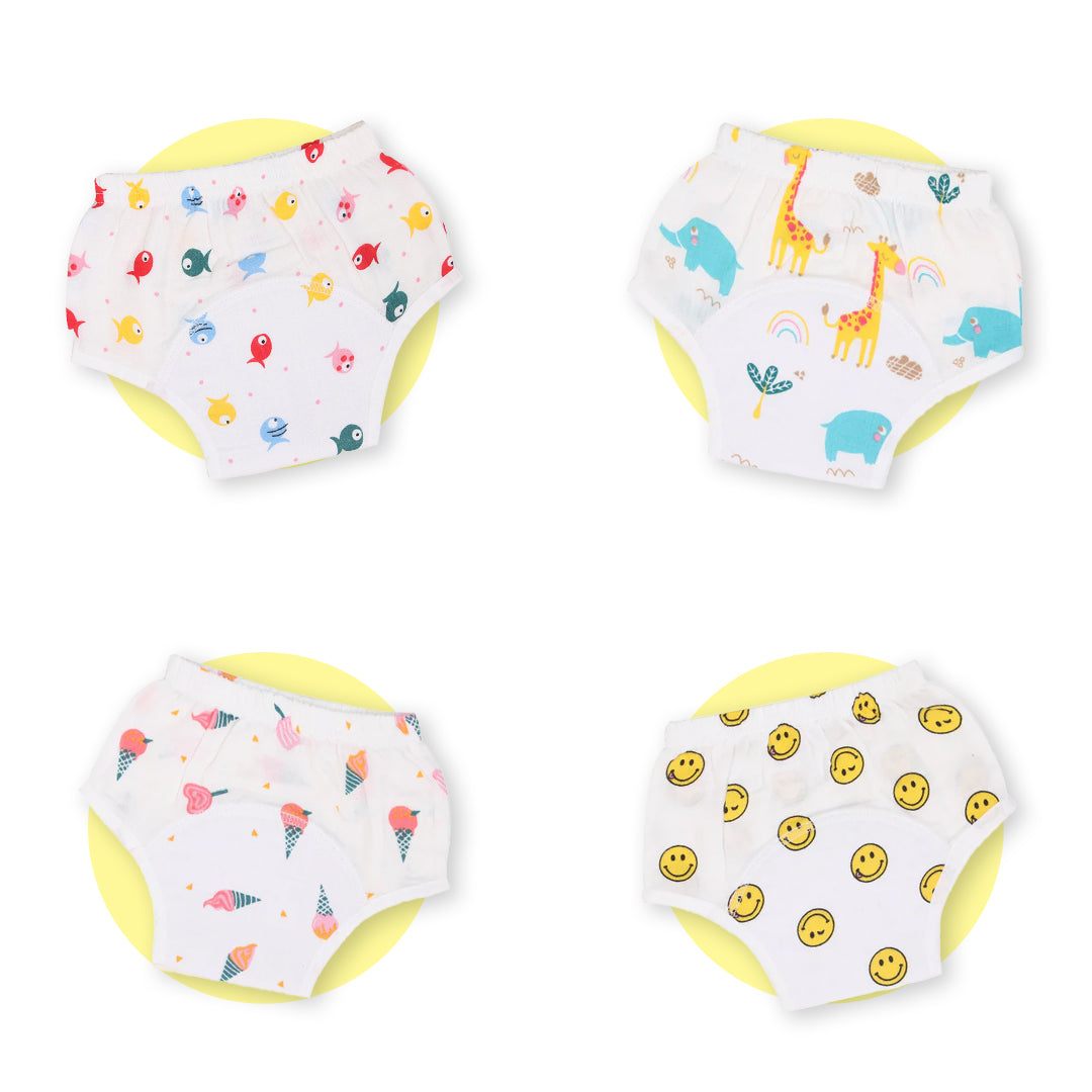 Organic Muslin Training Pants - Pack of 4 | Buy Soft Cotton Nappy For Newborn Baby Boy & Girl | Smiley Buttons