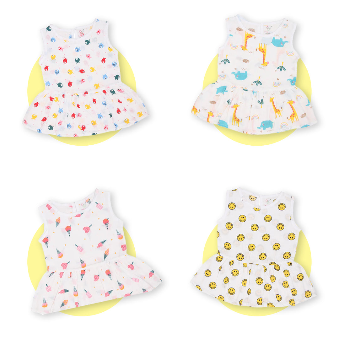 Organic Muslin Baby Frock - Pack of 4 | Essential Muslin Dresses For Newborn Baby Girl | Smiley Buttons